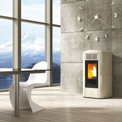 Pellet thermo stove with water circuit COLA CHARME 17,4 kW, powerful heating device equipped with tile cover, circulation pump, expansion tank