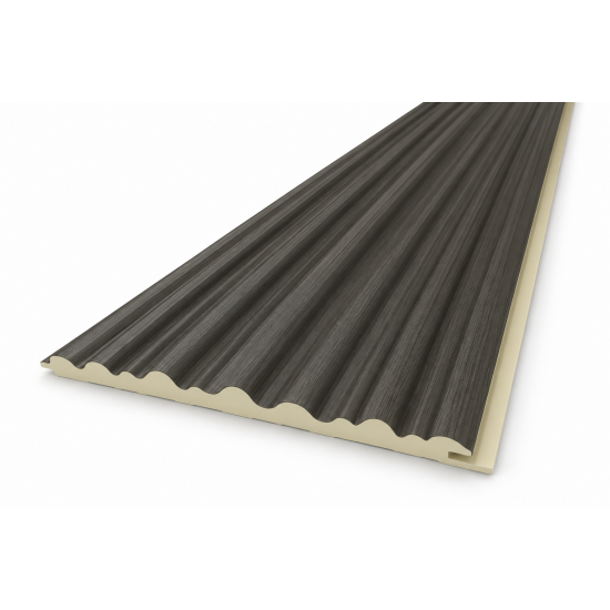 WPC wandpaneel met verticale lamellen, houtlook afwerking in grijsbruine tint.