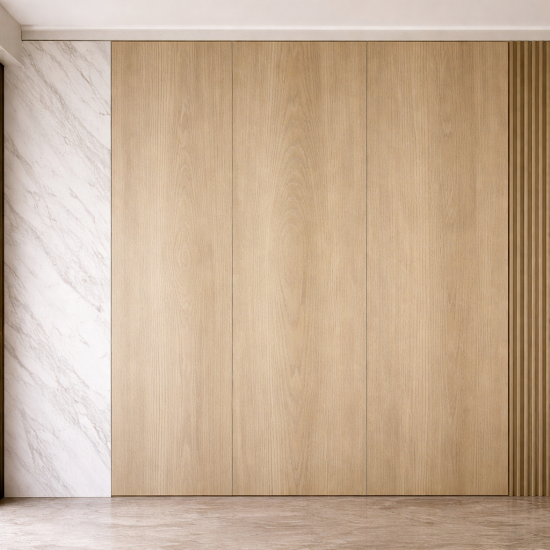 Light natural ash-finish WPC decorative wall panel with wood-grain surface.