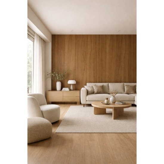 Warm walnut wood-look WPC decorative wall panel with matte finish, bamboo core, and interlocking edge.