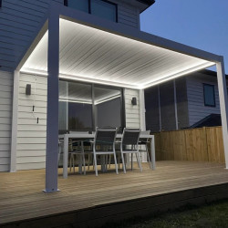 Tuinhuisje met open lucht en jaloezieën van regen en zon 4m x 4m x 2.5 m Louvre Pergola Pergola LED - vrijstaand gemotoriseerd (Wit) Tuinhuisje met open lucht en jaloezieën van regen en zon 4m x 4m x 2.5 m Louvre Pergola Pergola LED - vrijstaand gemotoriseerd (Wit)