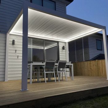 Pergola à ciel ouvert et stores de pluie et soleil 4m x 4m x 2.5m Louvre Pergola Pergola LED - autoportante motorisée (blanche)