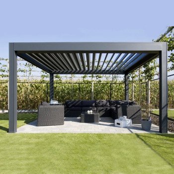 Aluminiowa pergola z roletami klimatycznymi 4m x 4m x 2,5m Pergola LED - wolnostojąca zmotoryzowana grafit/szary, bioklimatyczna