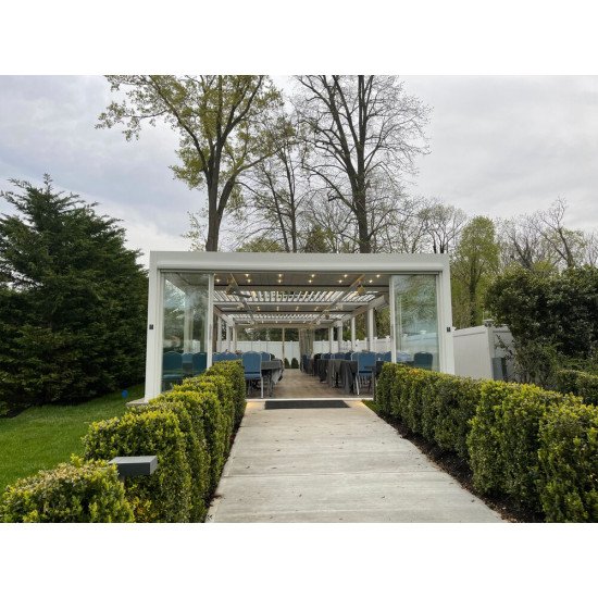 Замовити Солнезащита в саду, альтанка з регульованими жалюзями, 3 м x 3 м x 2,5 м Лувр Pergola LED-окремо стоїть / автоматична (Біла) за цінами від виробника