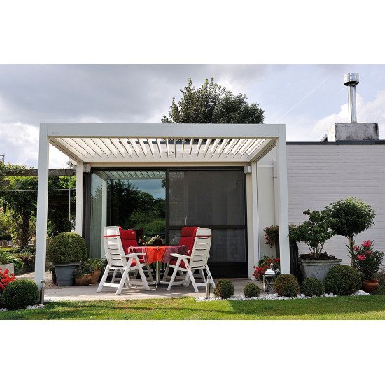 Замовити Солнезащита в саду, альтанка з регульованими жалюзями, 3 м x 3 м x 2,5 м Лувр Pergola LED-окремо стоїть / автоматична (Біла) за цінами від виробника