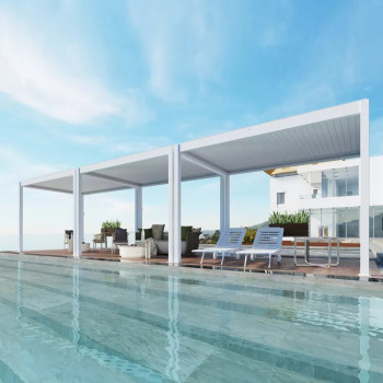 Cenador modular blanco con persianas 6m x 4m x 2.5 m Louvre Pergola LED-independiente, automático, lamas giratorias
