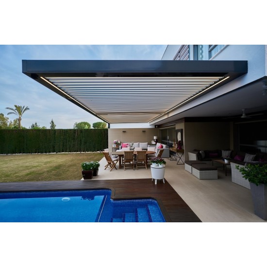 Encomende Pergola de canto aberto, chuva e Proteção solar 7m x 3m Pergola LED-motorizado (Preto) a preços de fábrica