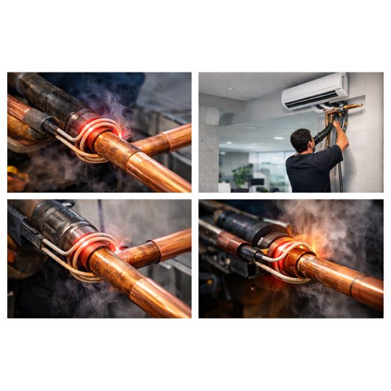 Installatie zonder vlam – VRV en airconditioning, Airconditioner installatie, metalen unit met witte matte afwerking.