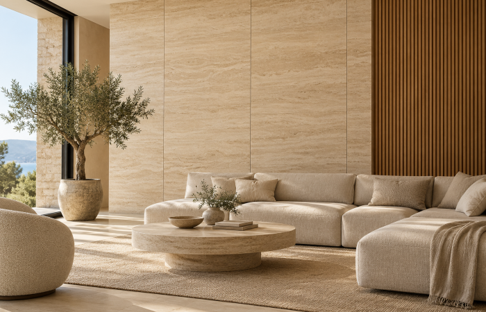 Salón con revestimientos de pared de aspecto piedra y madera