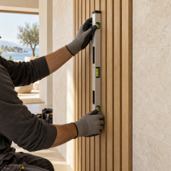 Comprobación de la verticalidad de un panel decorativo durante la instalación