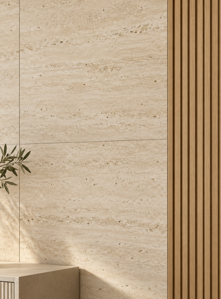 Revestimiento decorativo de aspecto piedra y listones de madera