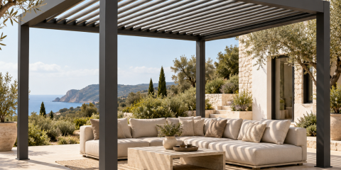 Pérgola bioclimática con lamas orientables en una terraza