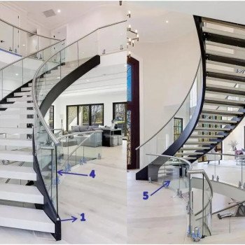 Escalera curva, larguero de acero inoxidable o acero al carbono + escalones de vidrio templado + barandillas de vidrio