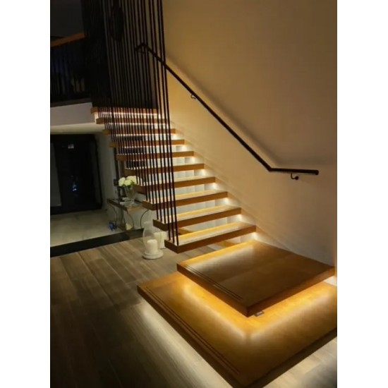 Buy Modern simple design with hidden beam, wooden staircase, L-shaped straight staircase, glass railing, modern floating staircase, glass staircase at Factory Prices