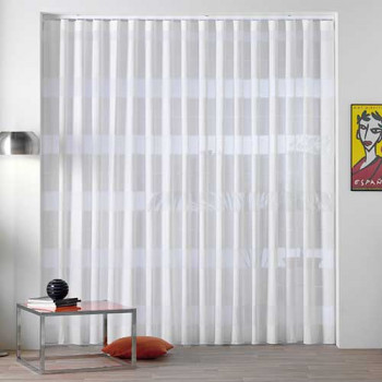 Cortina com tecido transparente, listras horizontais de malha a céu aberto, franja fina, para um quarto luminoso em estilo clássico ou rústico