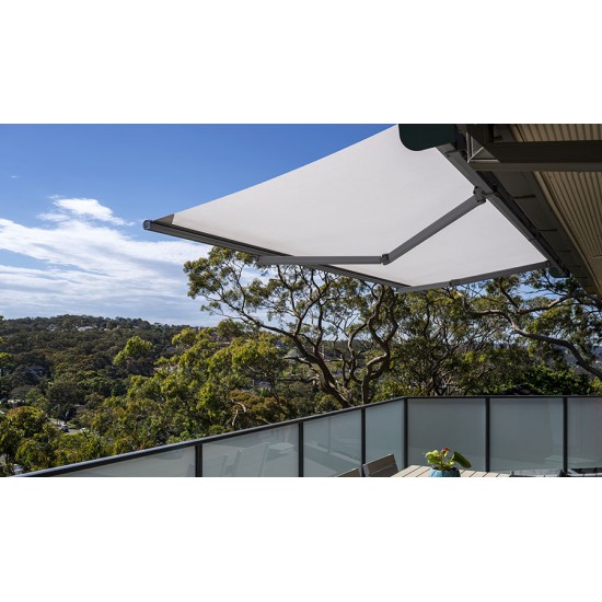 Commandez Smart Canopy motorisé avec éclairage LED 3000x2050 m, Tissu acrylique blanc, Profil gris, Capteur vent et soleil, Télécommande 15 canaux aux prix dusine