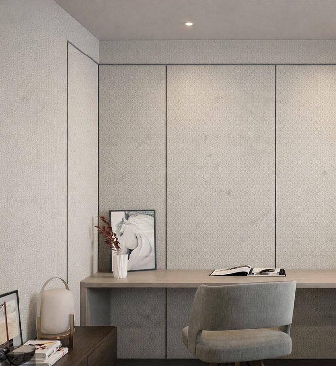 Idea de ambiente · imagen orientativa — Panel interior Domis Decor FM-6005 “Beige Cálido Geométrico núcleo de bambú 8 mm, unión tipo P