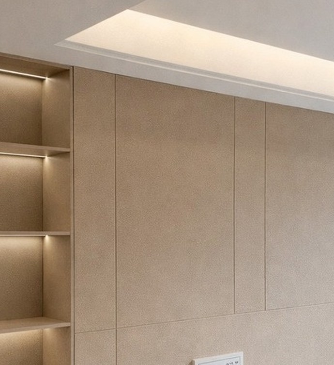 Idea de ambiente · imagen orientativa — Paneles interiores efecto piel para paredes WPC Domis Decor Piel Beige Cálido / Nubuck Natural 8 mm