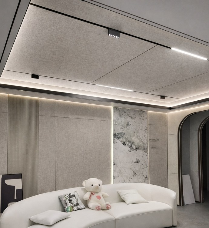 Idea de ambiente · imagen orientativa — Panel decorativo de pared WPC Domis Decor Lino Claro Textil / Gris Cálido 8 mm con núcleo de bambú y sistema de unión tipo P