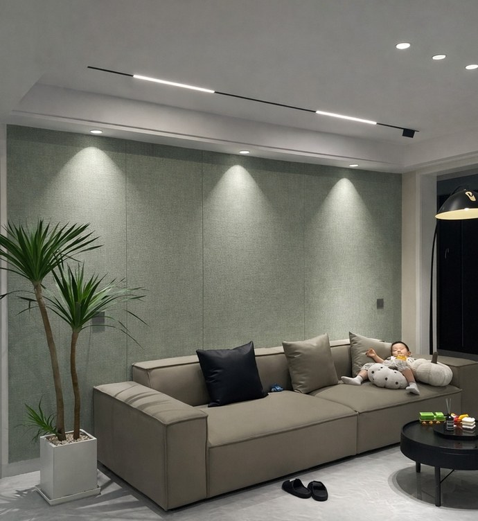 Idea de ambiente · imagen orientativa — Panel decorativo de pared WPC Domis Decor Textil Gris Verde Claro 8 mm con núcleo de bambú y sistema de unión tipo P