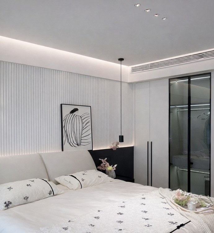 Idea de ambiente · imagen orientativa — Panel Decorativo de Pared 8mm — Blanco Mate (FM-6060) Blanco seda, perla pura, algodón suave.