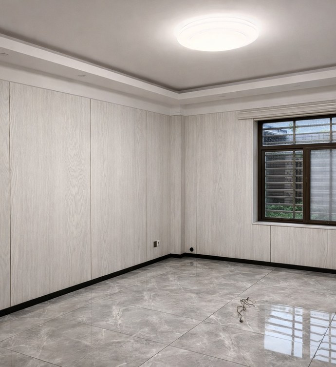 Idea de ambiente · imagen orientativa — Panel decorativo de pared WPC Domis Decor Fresno Blanco Natural 8 mm con núcleo de bambú y sistema de unión tipo P