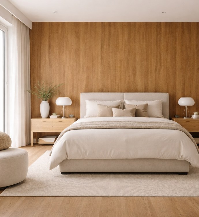 Idea de ambiente · imagen orientativa — Panel WPC 8 mm FM6099 Madera Miel