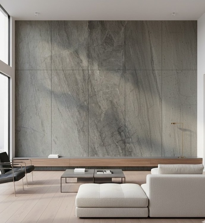 Idea de ambiente · imagen orientativa — Panel de pared decorativo fibra de bambú comopiste 8mm-Graphite Stone Natural 1220x2800 mm