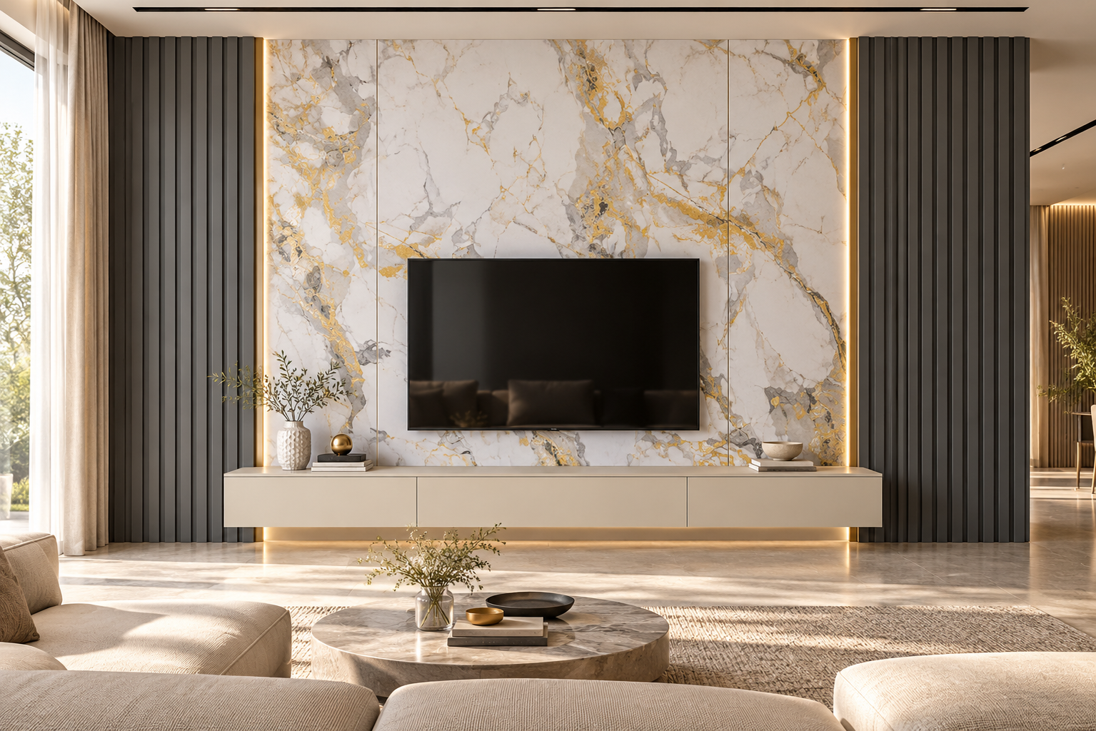 Idea de salón con pared de televisión con panel Fluted FM6021 y panel liso FM7119