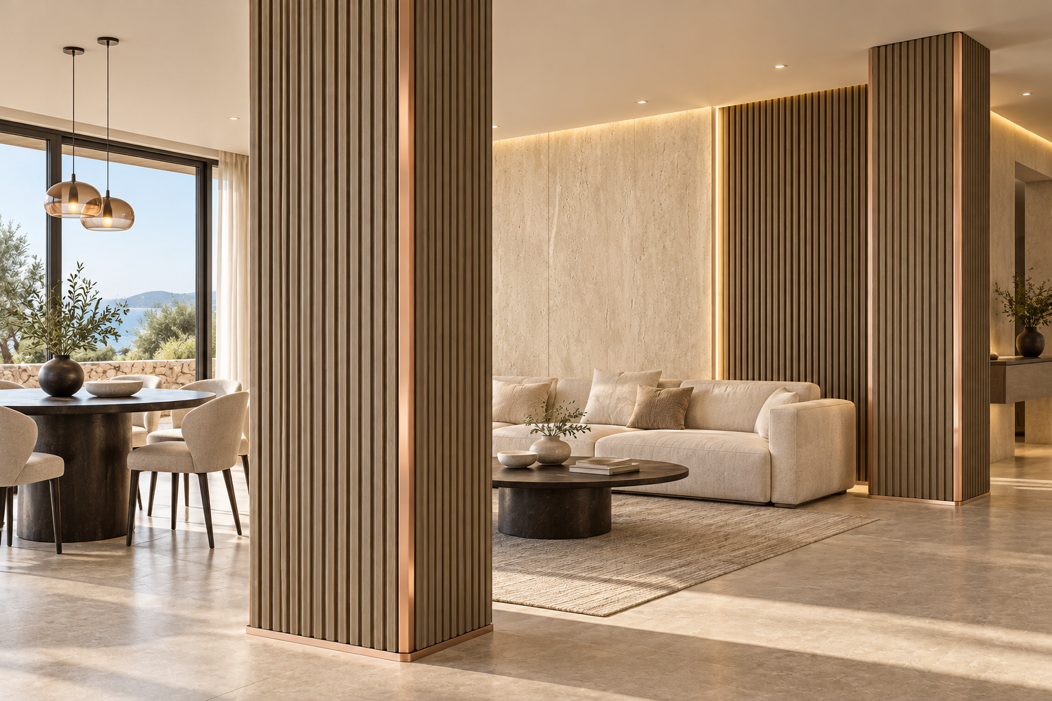 Idea de columnas y salón con panel Fluted FM6072 y panel liso FM7079