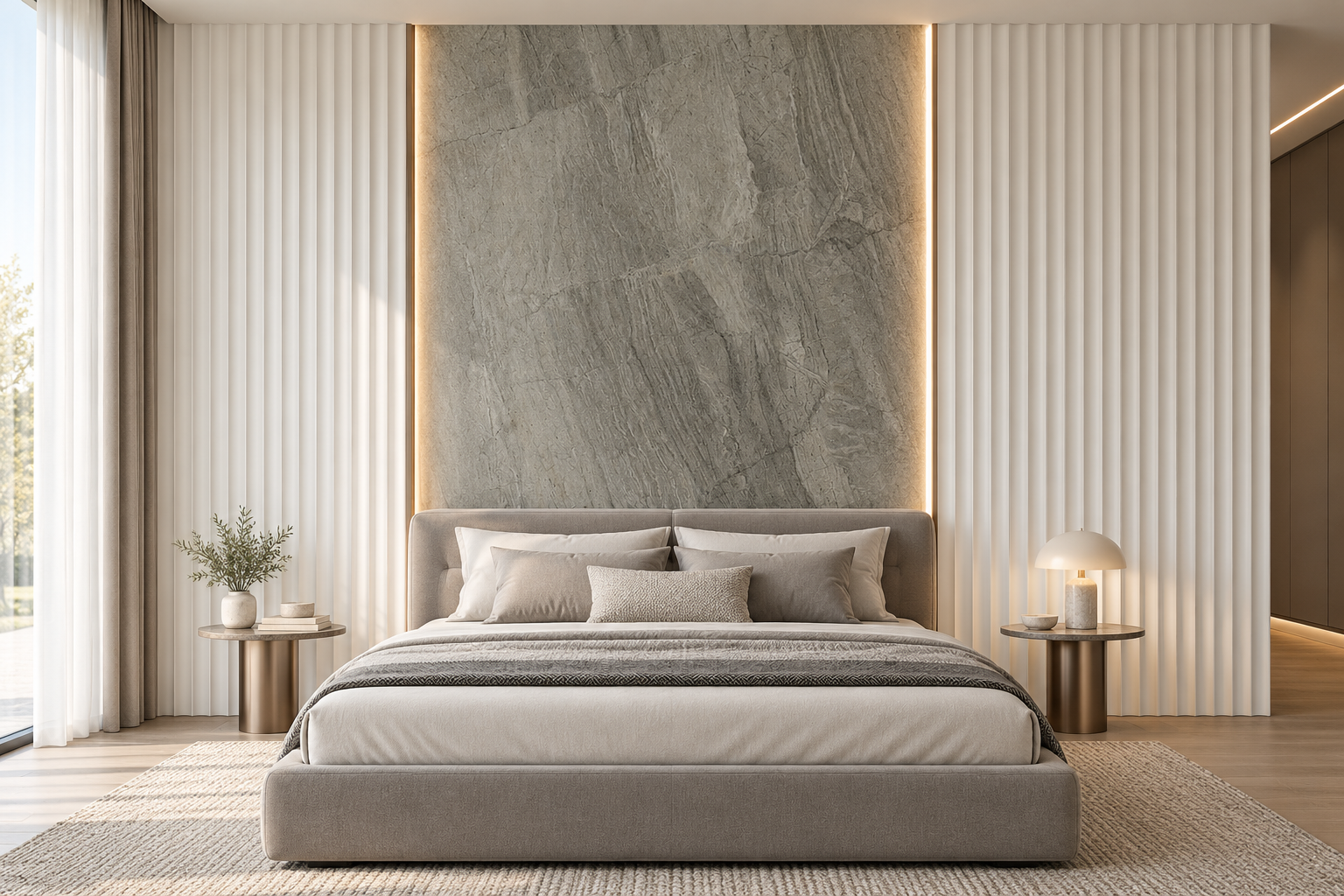 Idea de dormitorio claro con panel Fluted FM6123 y panel liso FM6132