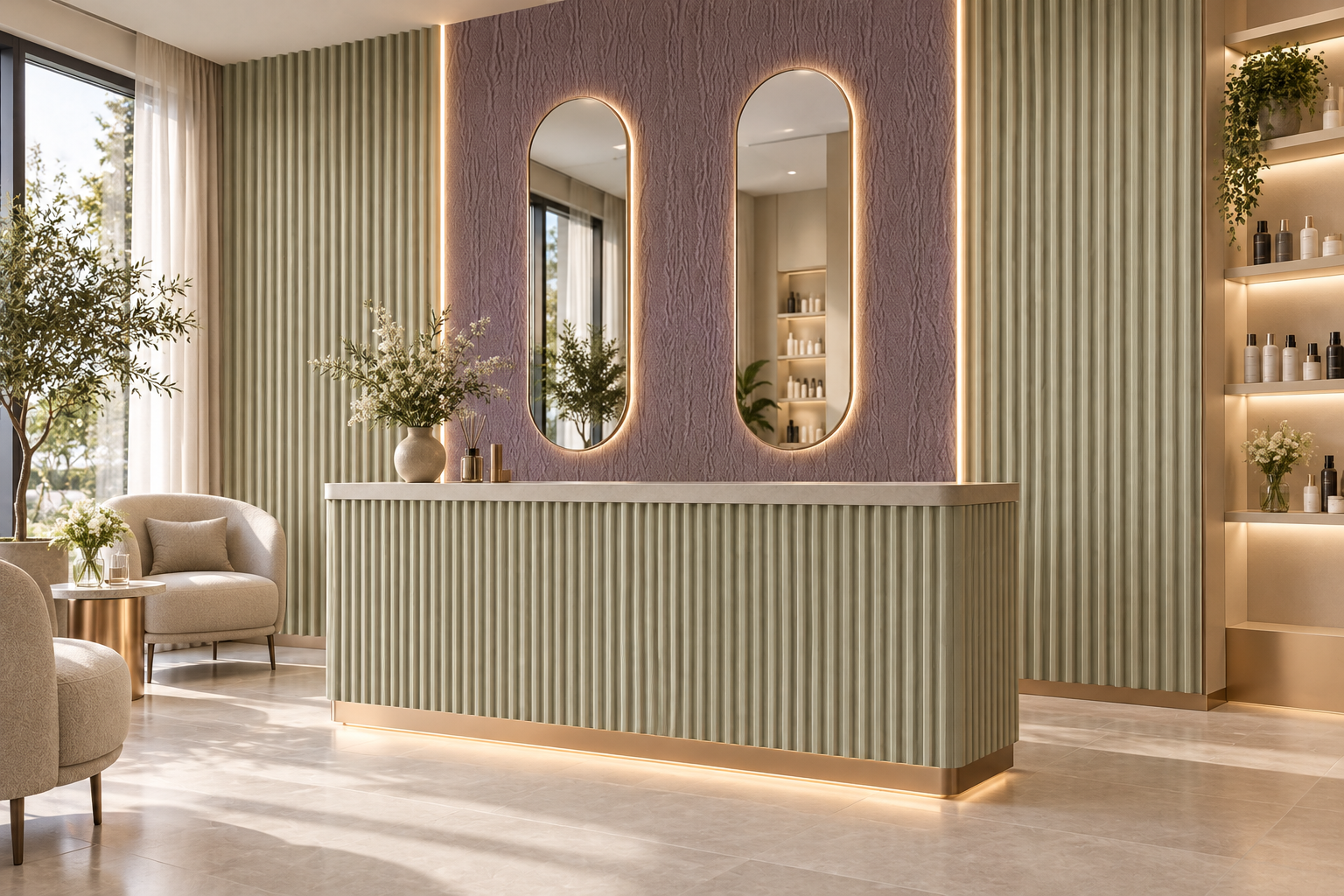 Idea de recepción de salón de belleza con panel Fluted FM6141 y panel liso FM7052