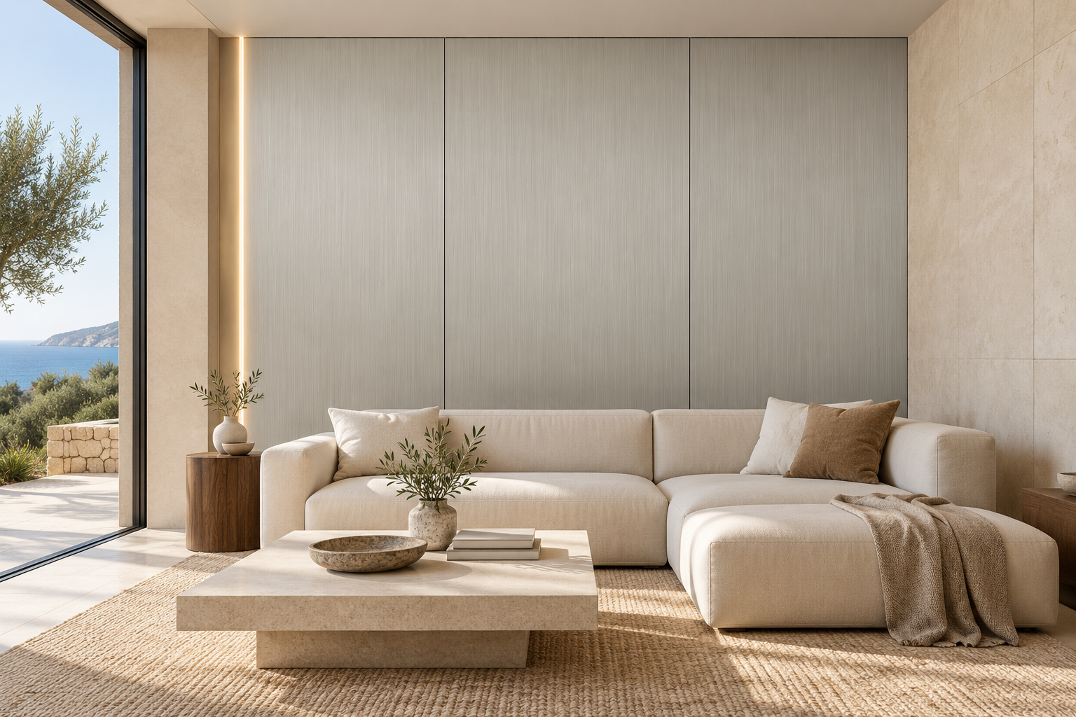 Idea de salón con paneles Bamboo Charcoal titanio claro — visualización