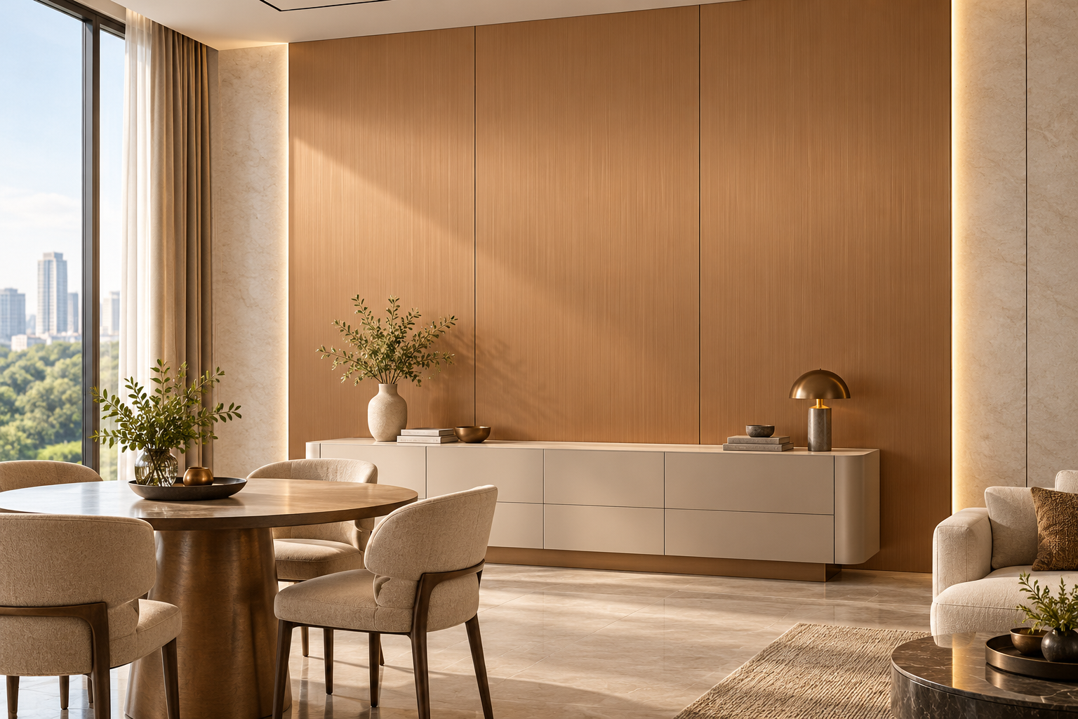 Idea de salón comedor con paneles Bamboo Charcoal cobre — visualización