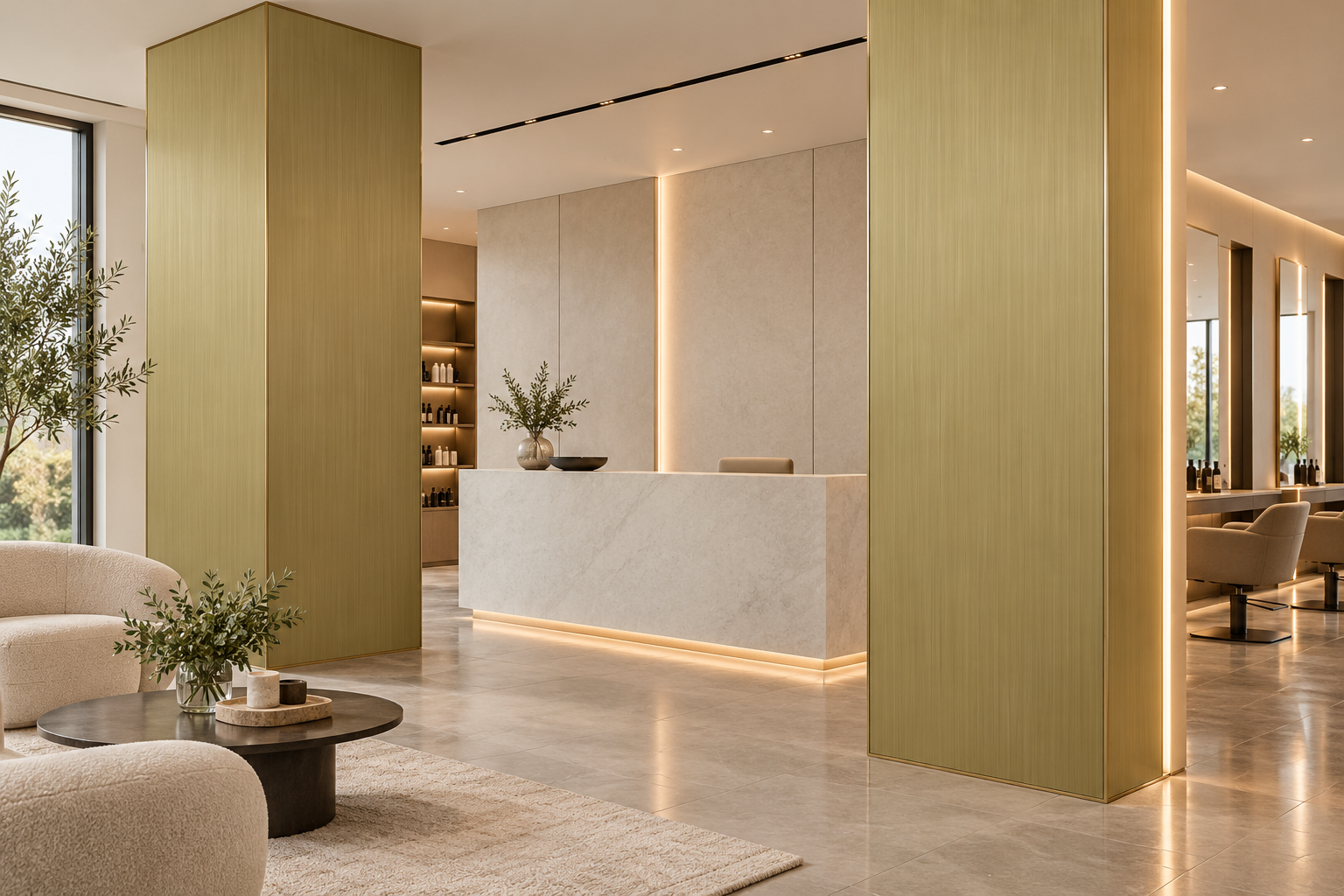 Idea de salón comercial con columnas con paneles Bamboo Charcoal oro — visualización