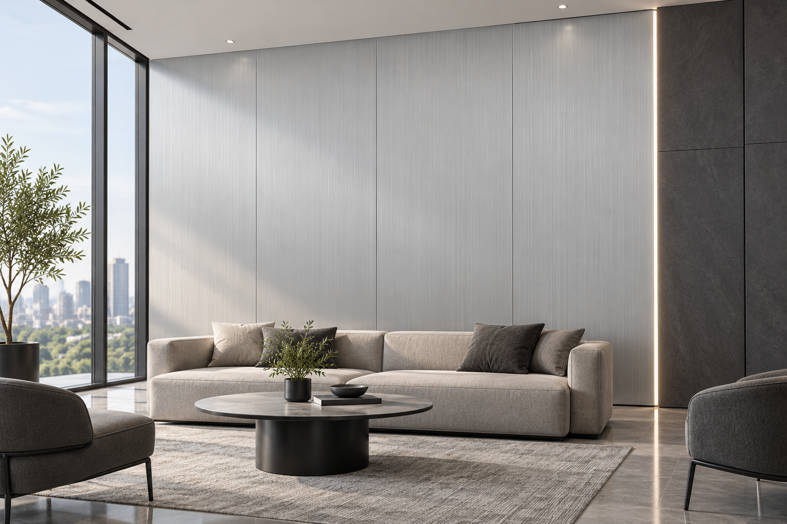 Idea de oficina y zona de espera con paneles Bamboo Charcoal plata — visualización