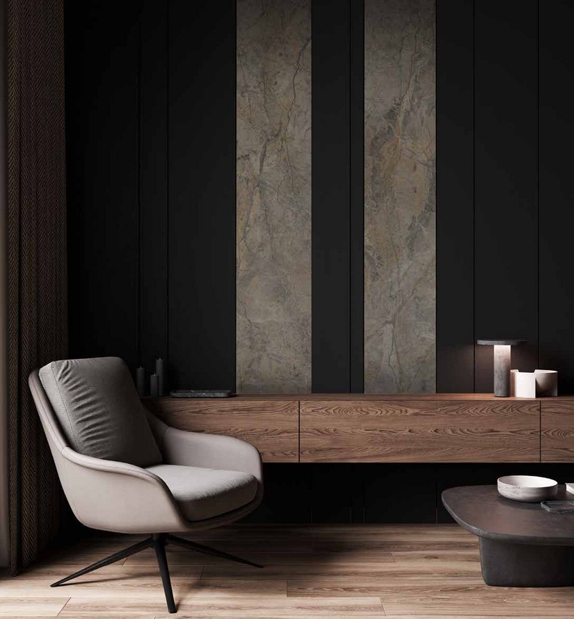 Idea de ambiente · imagen orientativa — Panel de pared SPC Rocko K190 Black — 4 mm