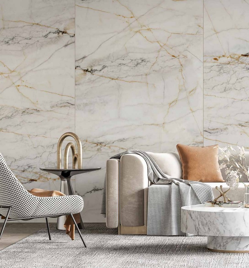 Idea de ambiente · imagen orientativa — Panel de pared SPC Rocko R154 Marble Gold — 4 mm