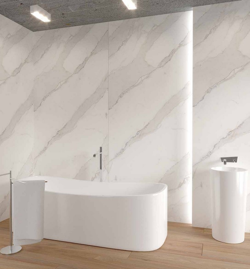 Idea de ambiente · imagen orientativa — Panel de pared SPC Rocko R256 Cloudstone — 4 mm