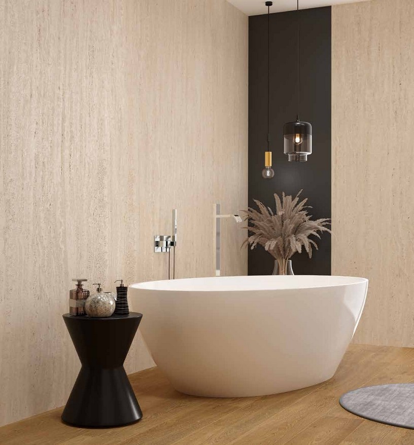 Idea de ambiente · imagen orientativa — Panel de pared SPC Rocko R259 Travertine Ortigia — 4 mm