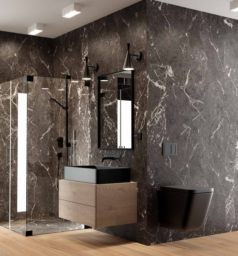 Idea de ambiente · imagen orientativa — Panel de pared SPC Rocko R261 Nebulous Black — 4 mm